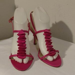 Women's Fuchsia Ruffle T-Strap High Heel Sandals